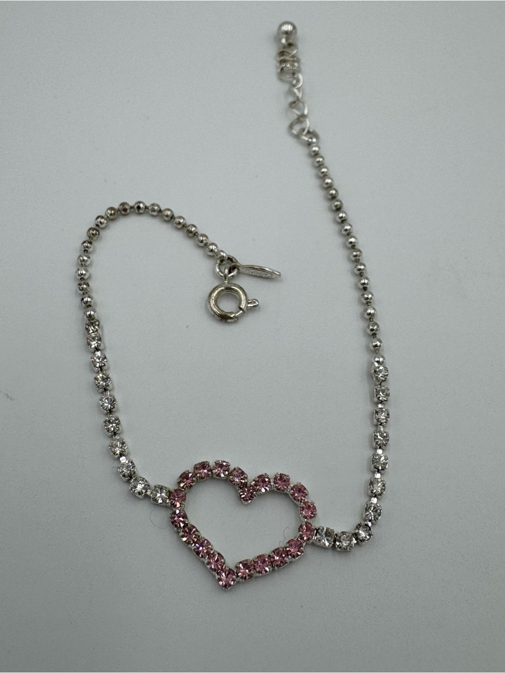 Vintage Avon Pink Heart Motif Rhinestone & Bead Chain Bracelet